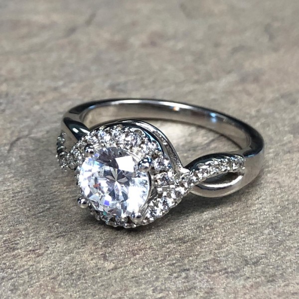 14K White Gold Round Halo Twisting Engagement Ring